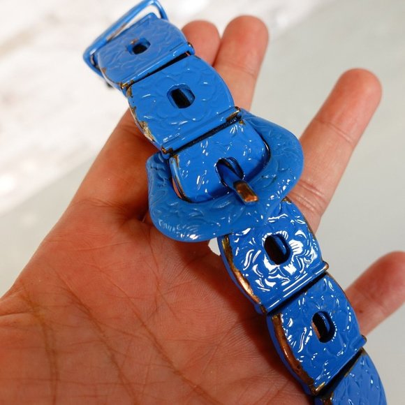 VINTAGE Western Studded Metal Belt 28 SMALL Blue Heavy Medieval Retro ECHT LEDER - Picture 4 of 10